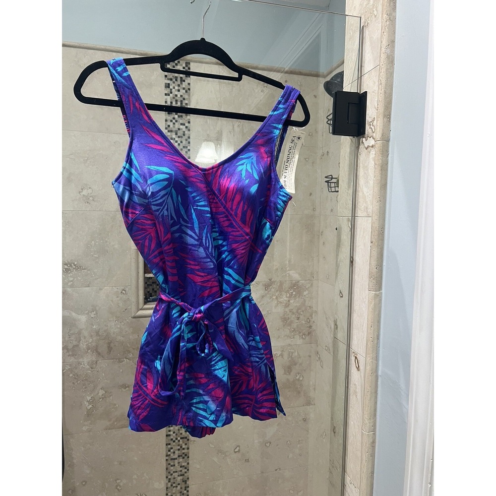 Vintage Maxine of Hollywood Floral Swim Dress Pinup Bathing Suit Purple L 12 NWT